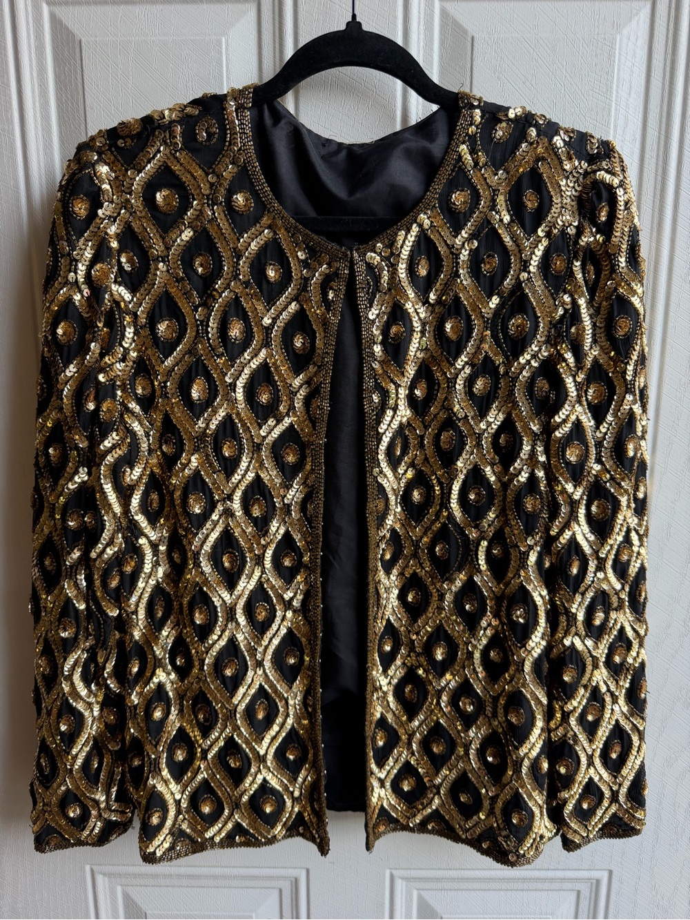 Vintage 80s Black Gold Silk Sequin Beaded Evening Jacket Glam